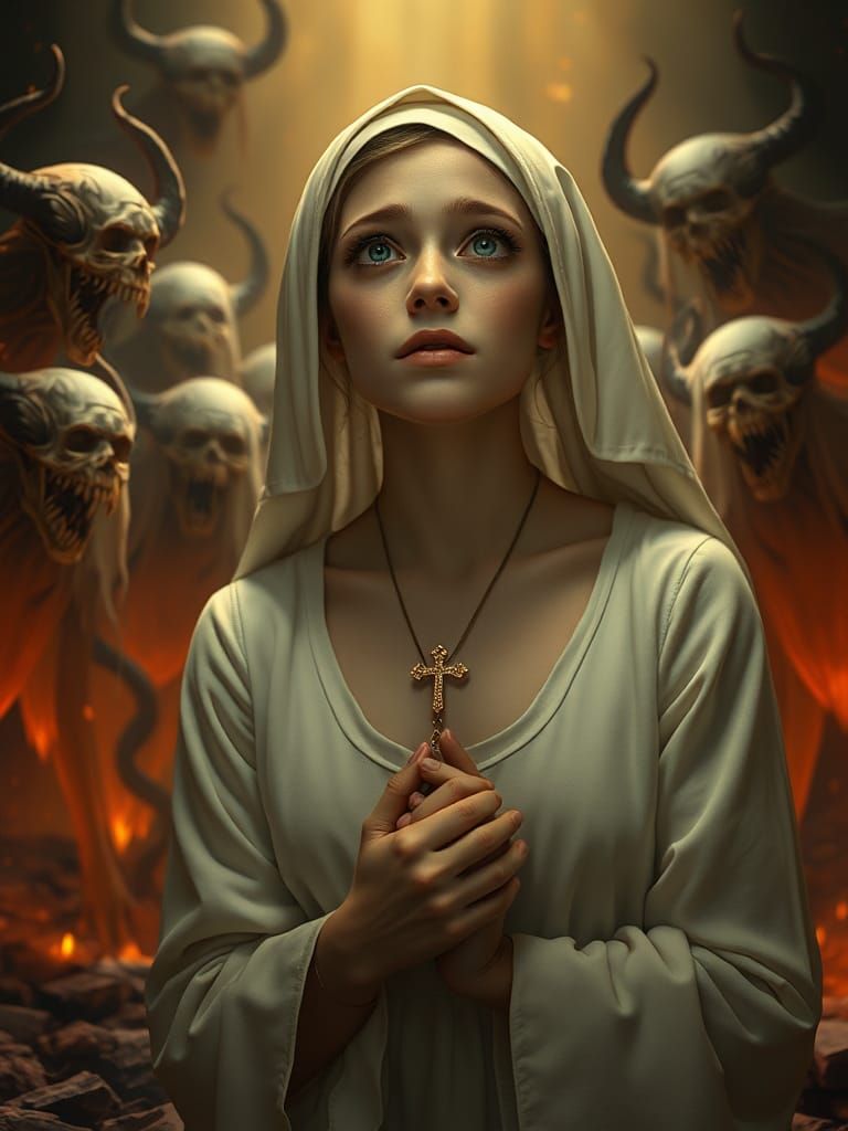 Nun Praying in Fiery Gehenna with Demons