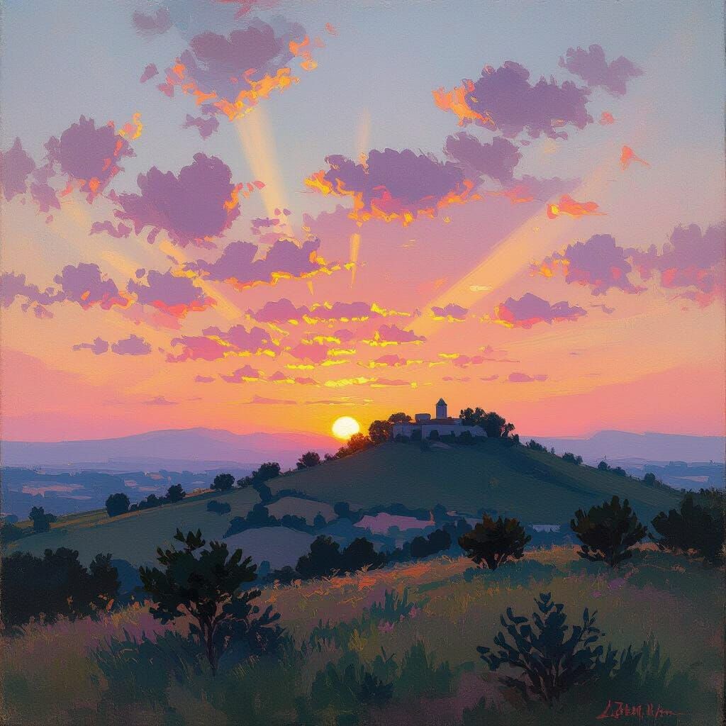 Impressionist Sunset Over Hill Landscape