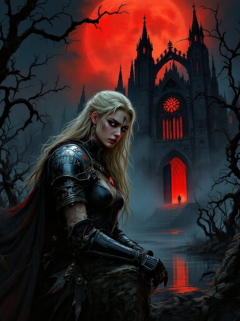 Gothic Knightess in Onyx Armor Under Red Moon
