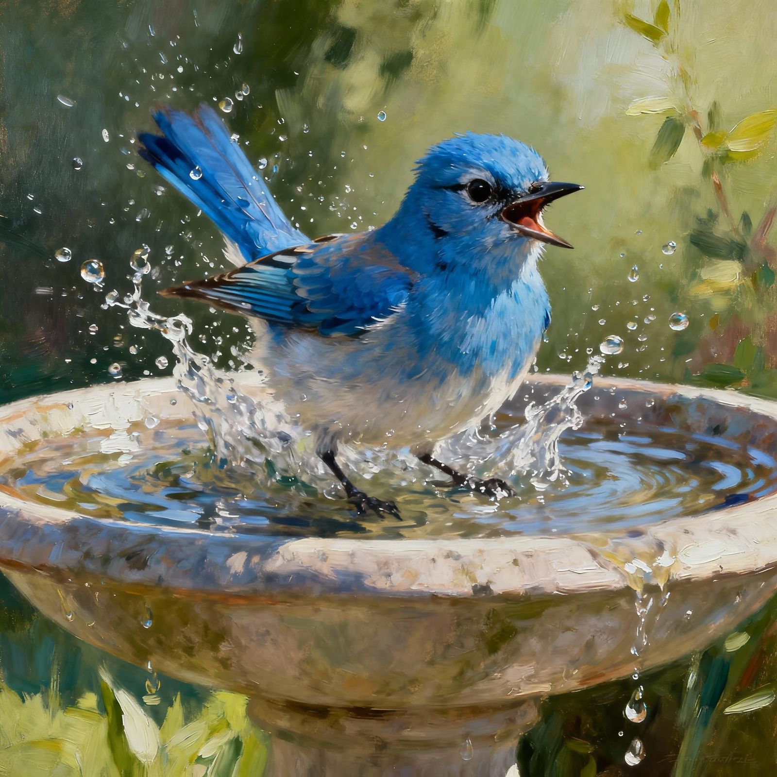 Cute Bluebird Splashing Joyfully in Birdbath
