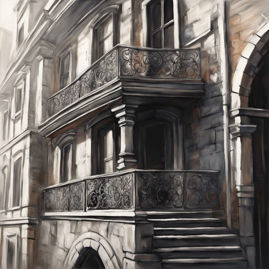 Historic Balcony at Dusk in Charcoal Style