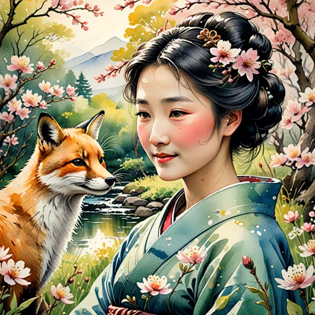Gently Smiling Geisha in Reverent Encounter with a Majestic ...
