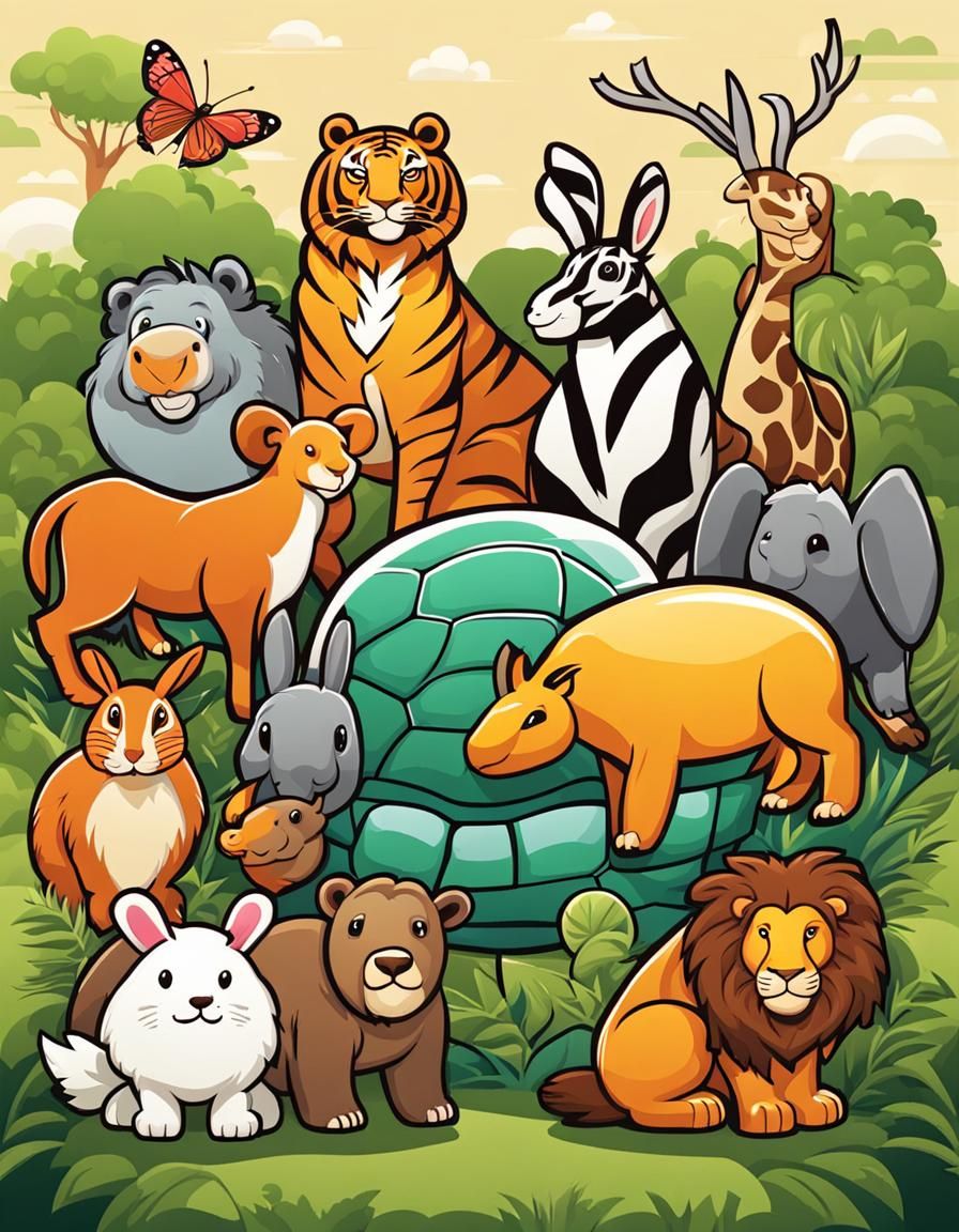 Turtle Surrounded by Animals in 2D Cartoon Style