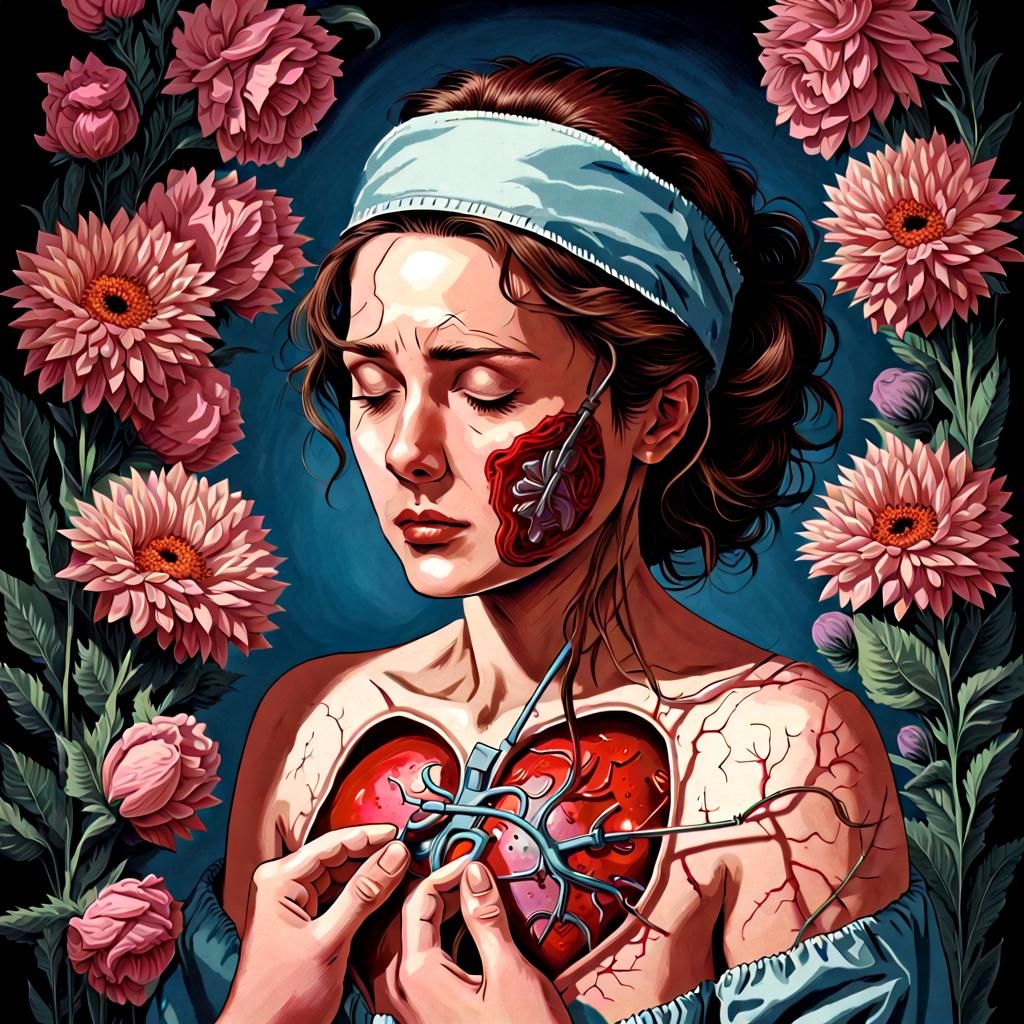 A woman getting open heart surgery, with flowers with salve ...