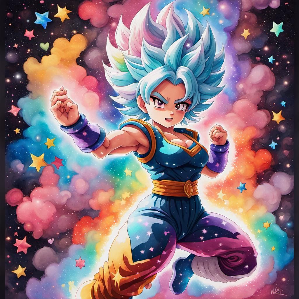 Cute Saiyan Relaxing in Galactic Nebula Watercolor