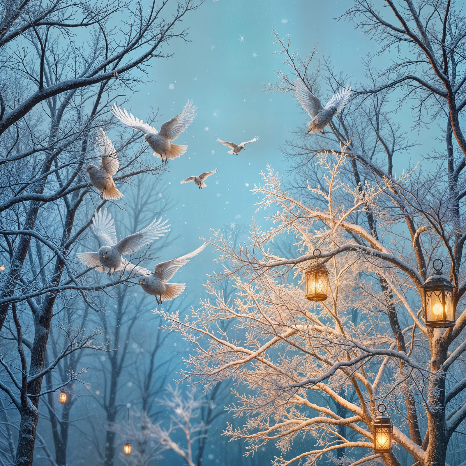 Ethereal Snowbirds in Frosty Twilight