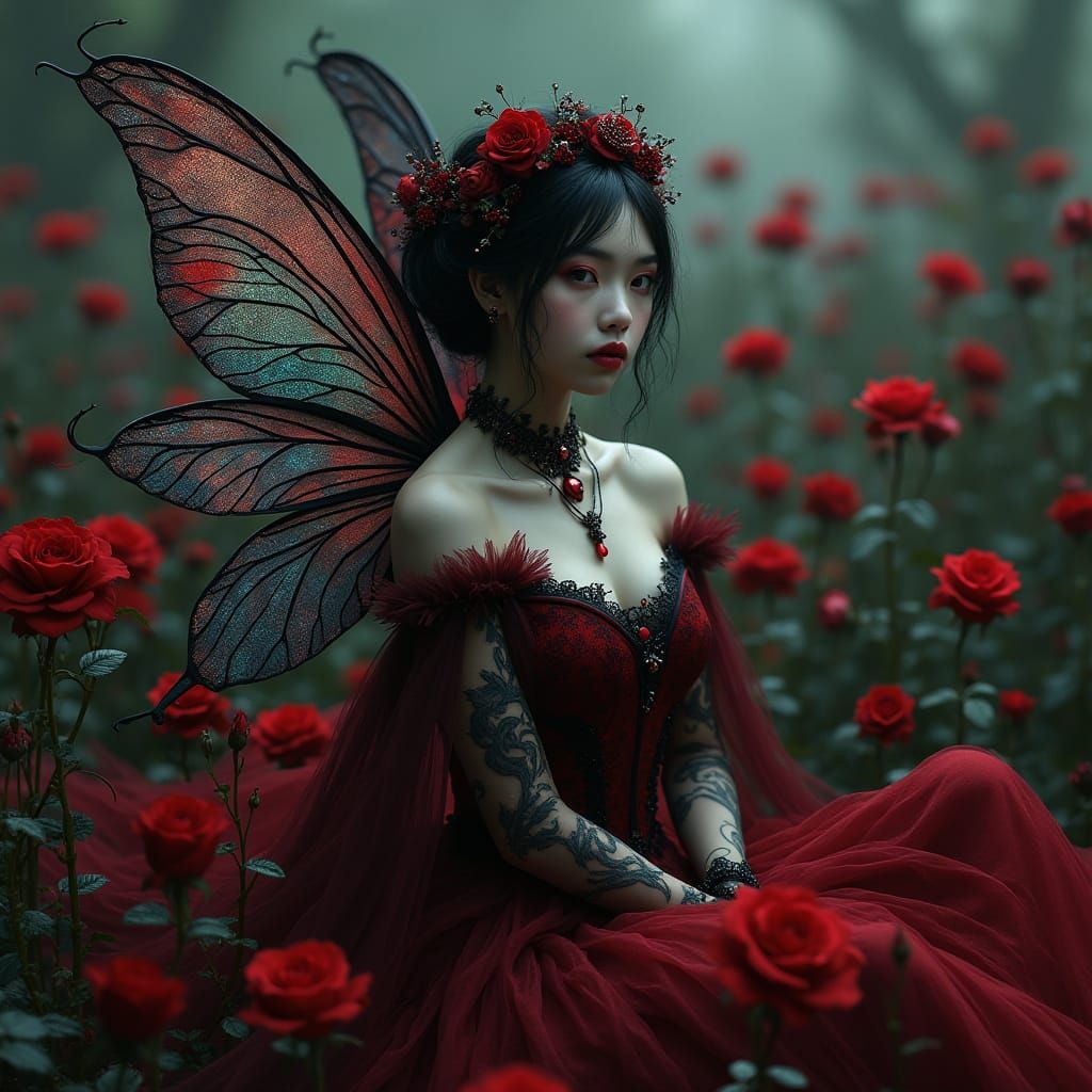 Gothic Fairy in a Haunting Rose Field
