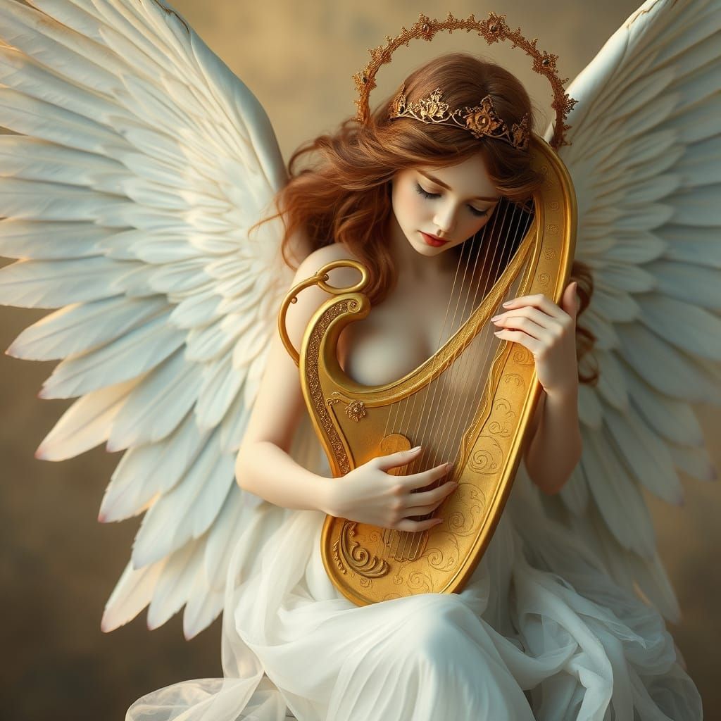 Golden Harp Angel with Ivory Wings and Halo