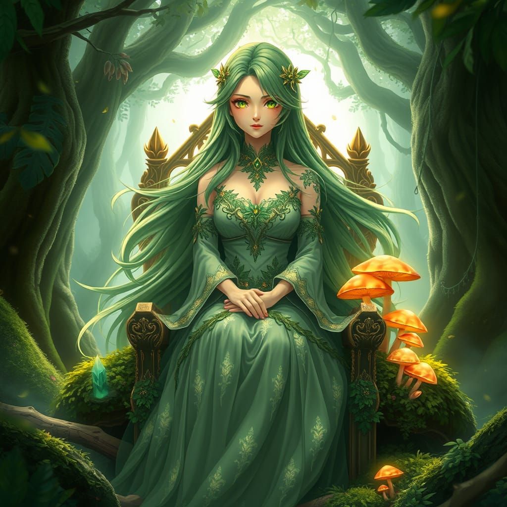 Anime Forest Queen on Moss Throne in 3D Style