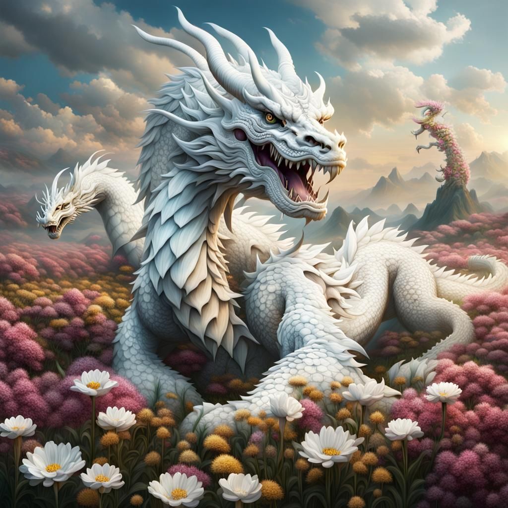 White Dragon Family in Flower Field: Digital Painting
