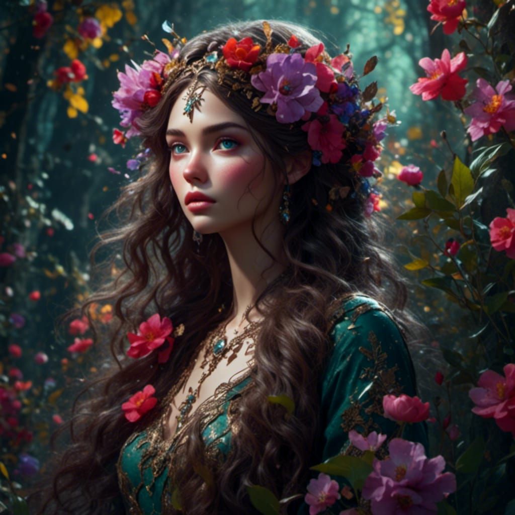 Voluptuous Fae with Flowers in Ethereal Style