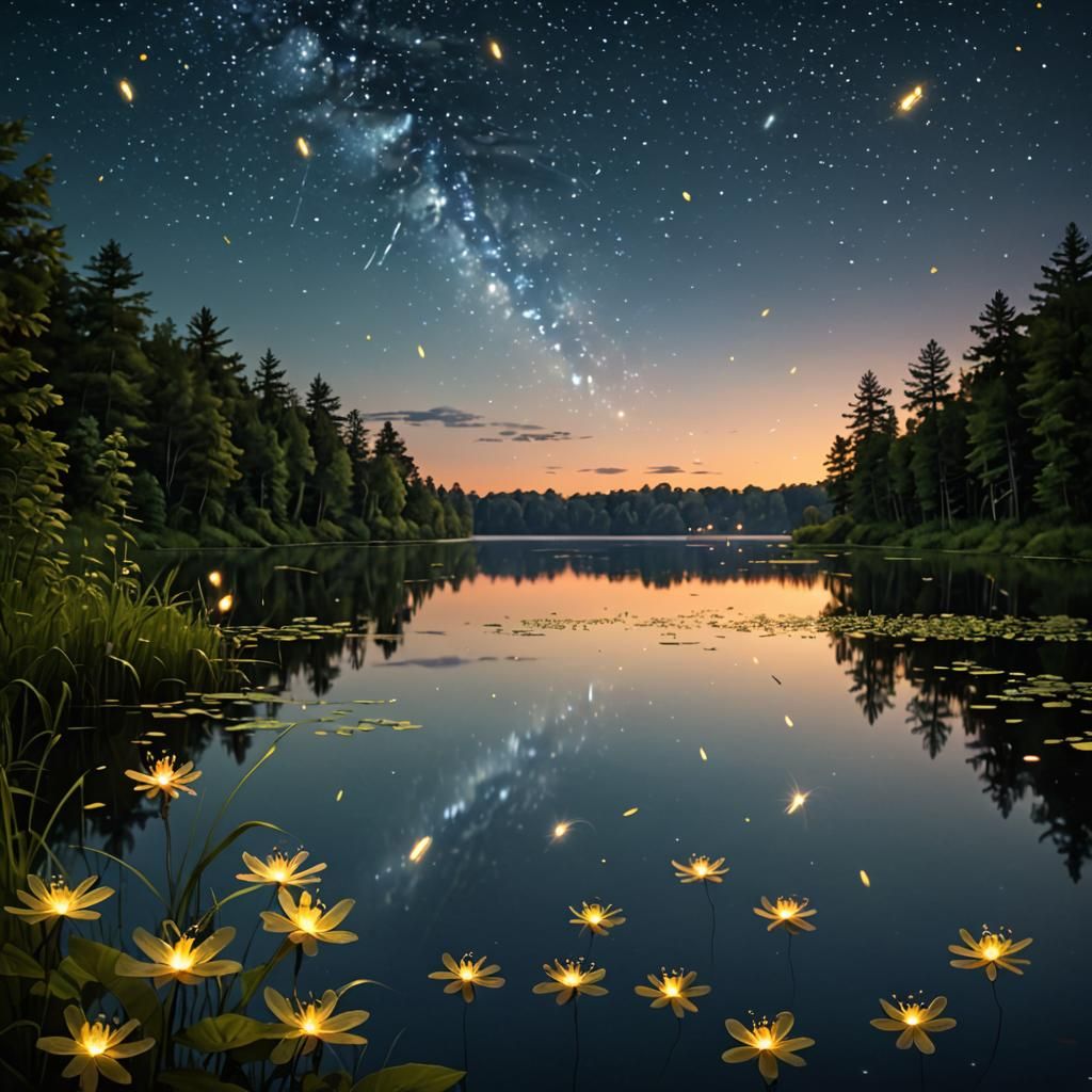 Fireflies Dancing Over Lake at Dusk