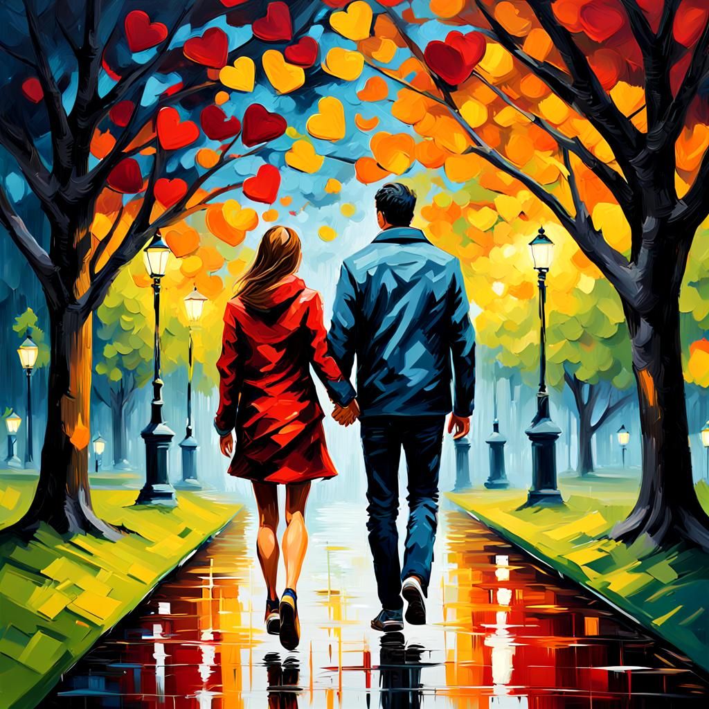Couple in Park at Night: Impressionistic Oil Painting