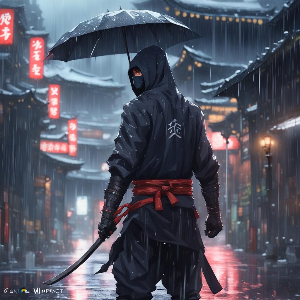 Ninja in Rain: Detailed 3D Anime Art