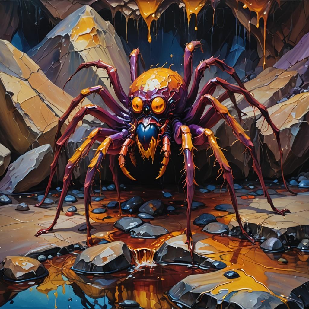 Giant Vampire Spider on Melting Rock, Dreamlike Oil Painting