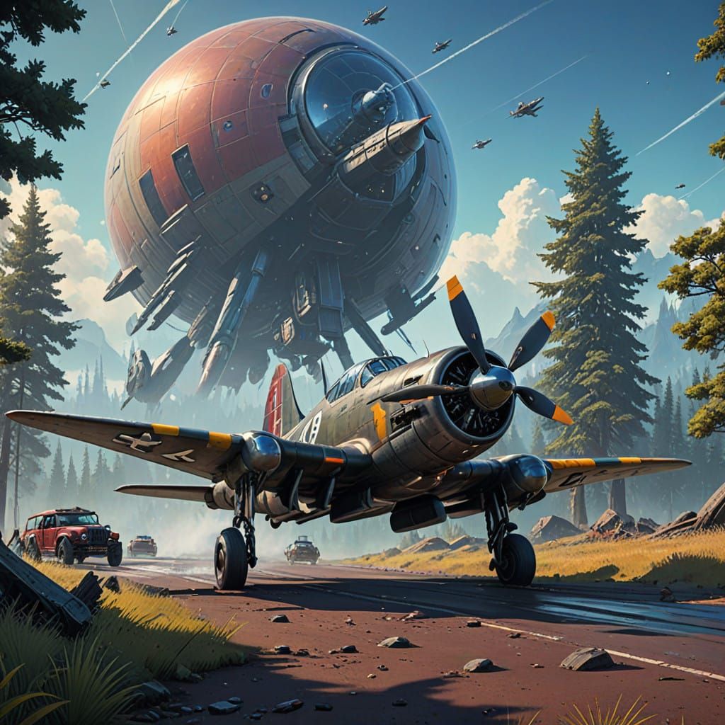 Vibrant P-47 Mustang in Fantastical Cyberpunk Landscape