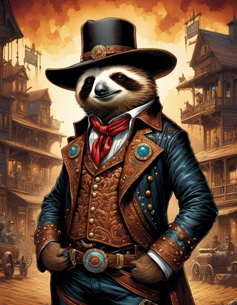 Sad Sloth Gunslinger in Western Wear