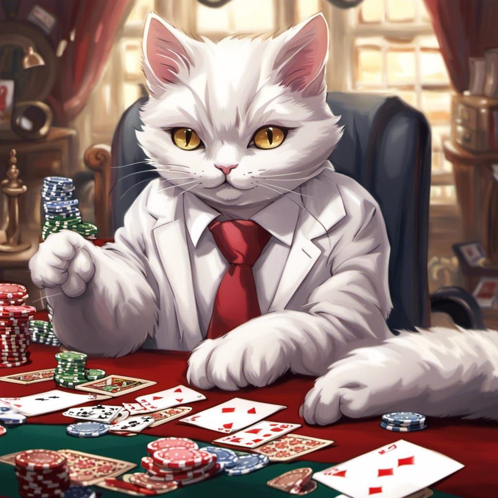 Cute White Cat Playing Poker, Anime Style