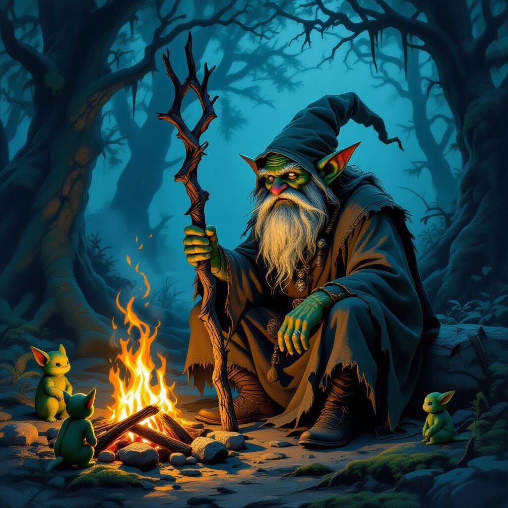 Wise Goblin Narrates Stories in Dark Forest