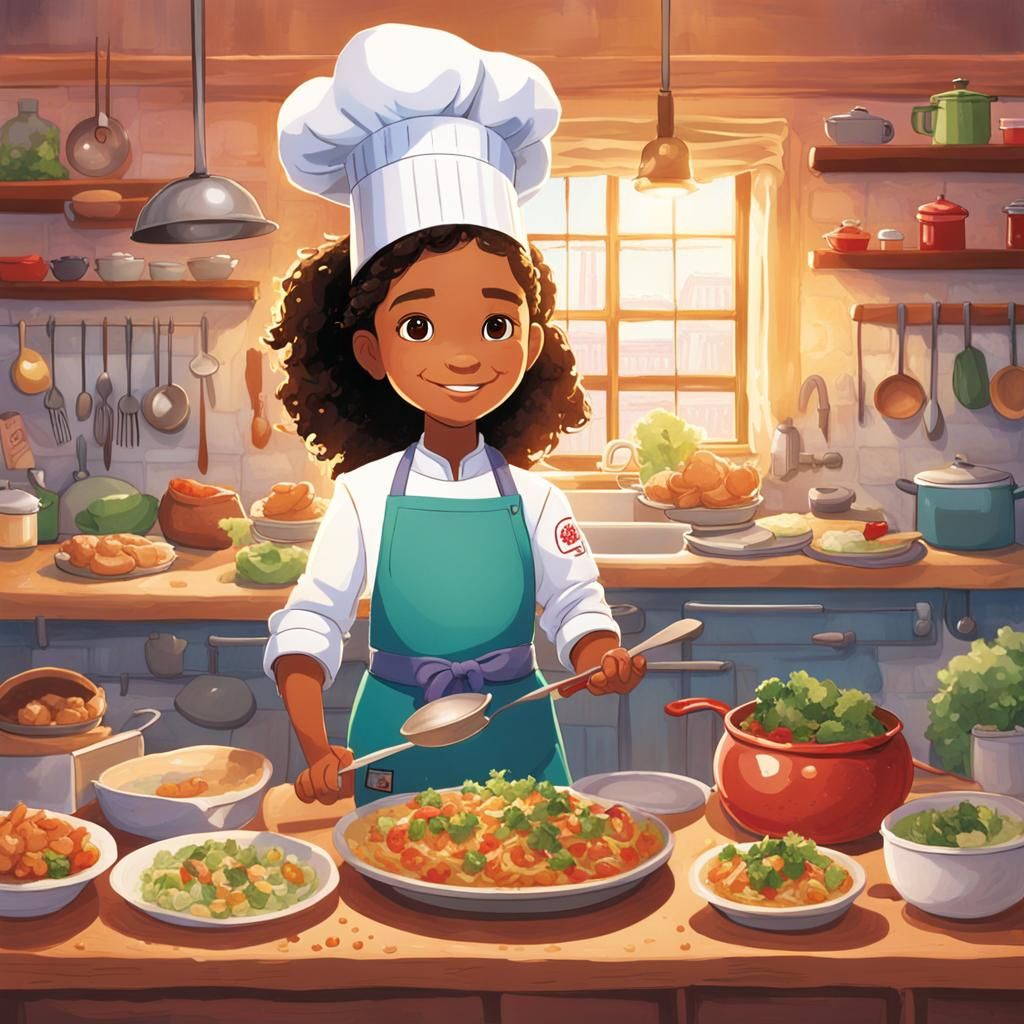 Young Chef Lily's Culinary Magic: Detailed Matte Painting
