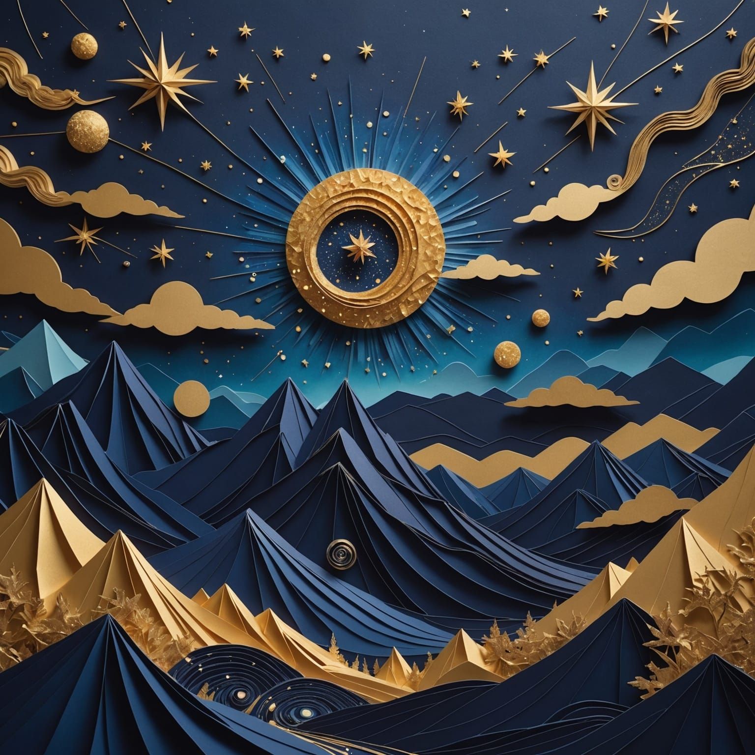 Cosmic Paper Art: Celestial Landscape in Indigo and Gold