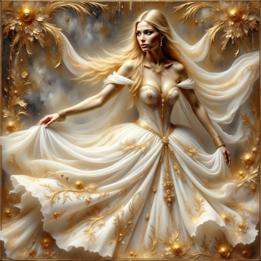 Princess in Elegant Crinkled Metallics Gown Dancing