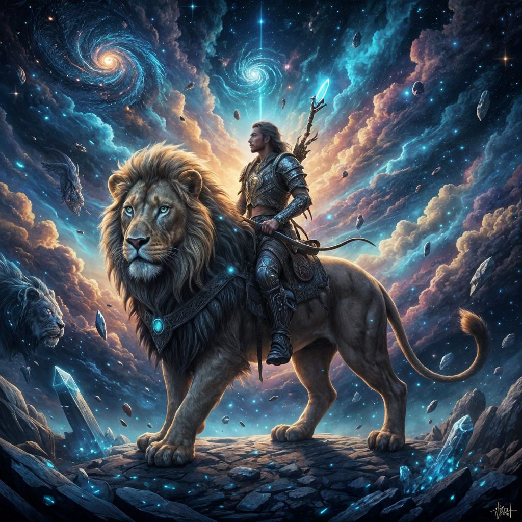 Epic Fantasy Hunter Rides Massive Lion in Cosmic Landscape