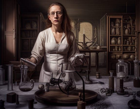 Mad Scientist in Medieval Lab, Hyperrealistic Digital Art