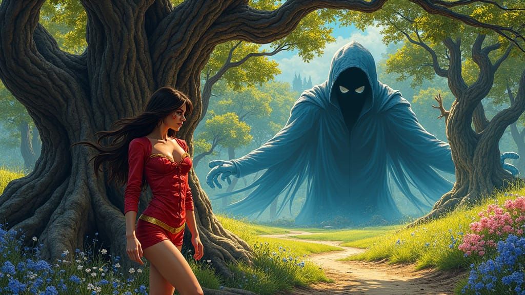 Dynamic Comic Book Cover Art Featuring Heroine in Frenetic B...