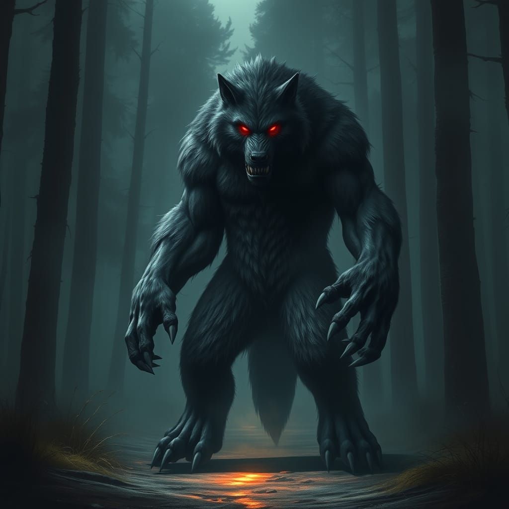 Menacing Werewolf Emerges from Dark Forest Shadows