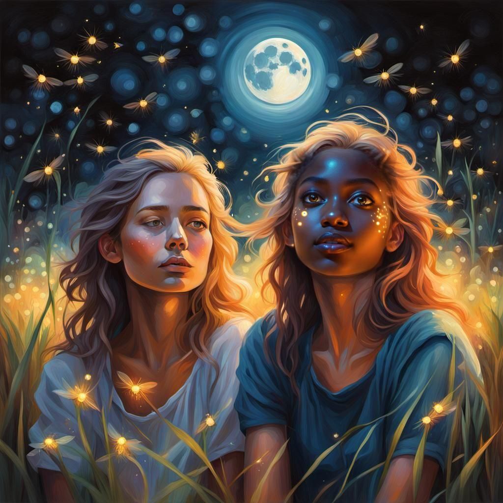Moonlit Girls in Field of Fireflies: Digital Art