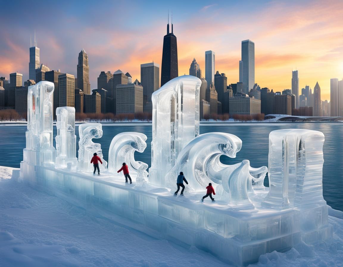 Chicago Skyline Ice Sculpture on Snowy Lake Michigan