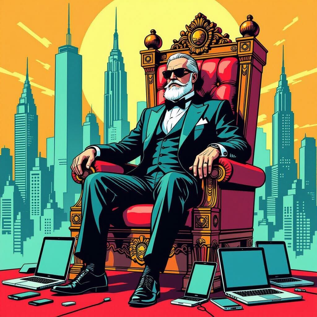 Satirical Tech Baron on Throne of Smartphones
