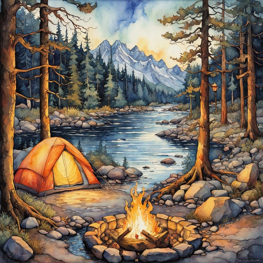 "friends gathered around a crackling campfire" "roasting marshmallows" their laughter mingling with the flicker of flame...