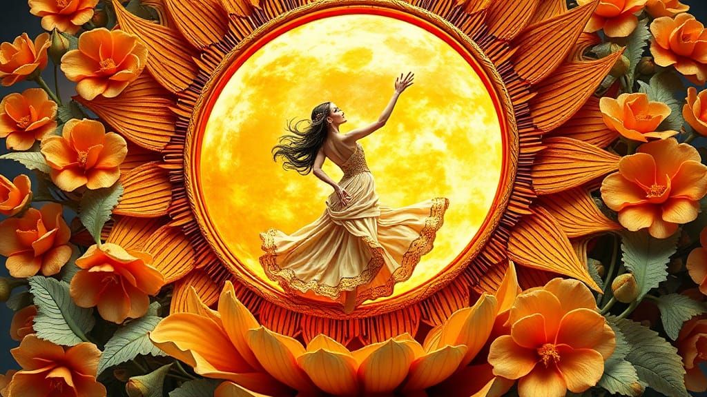 Woman Dancing in Surreal Sun and Moon Flower
