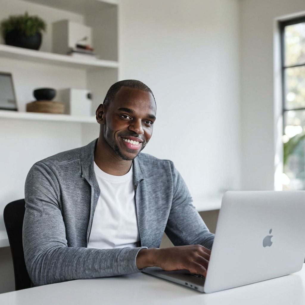 Man Working in Modern Home Office with Minimalist Tech Works...