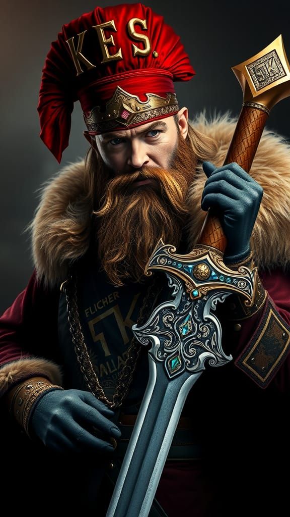 Majestic Bearded Warrior with Sword in Fantasy Style