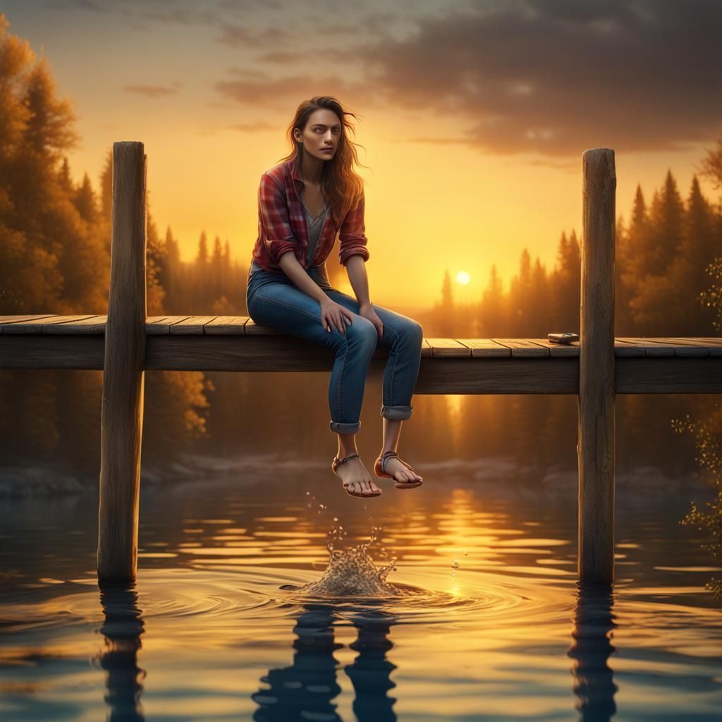 Woman on Dock at Sunset: Matte Painting