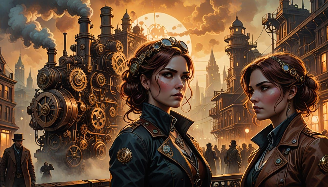 Steampunk Women in Detailed Cityscape Comic Book Art