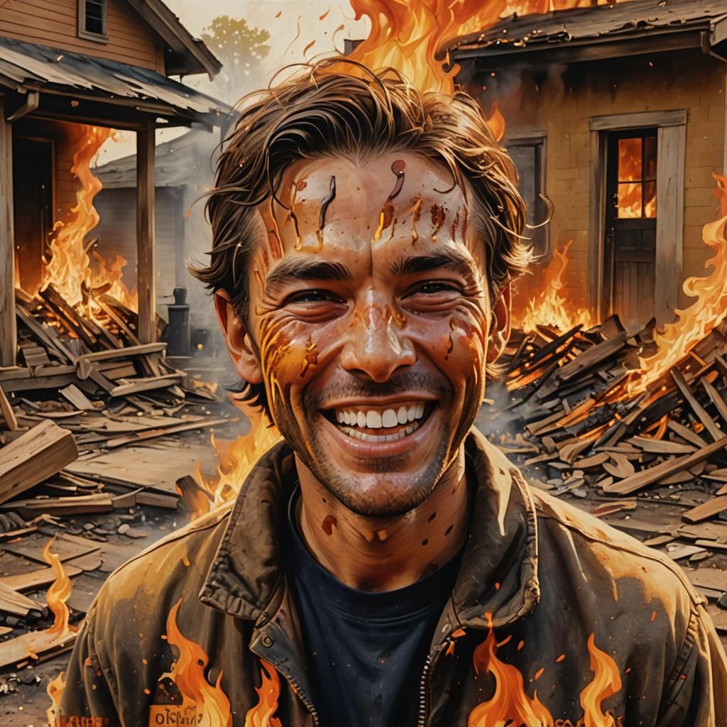 Hyperrealistic Person Smiles as House Burns