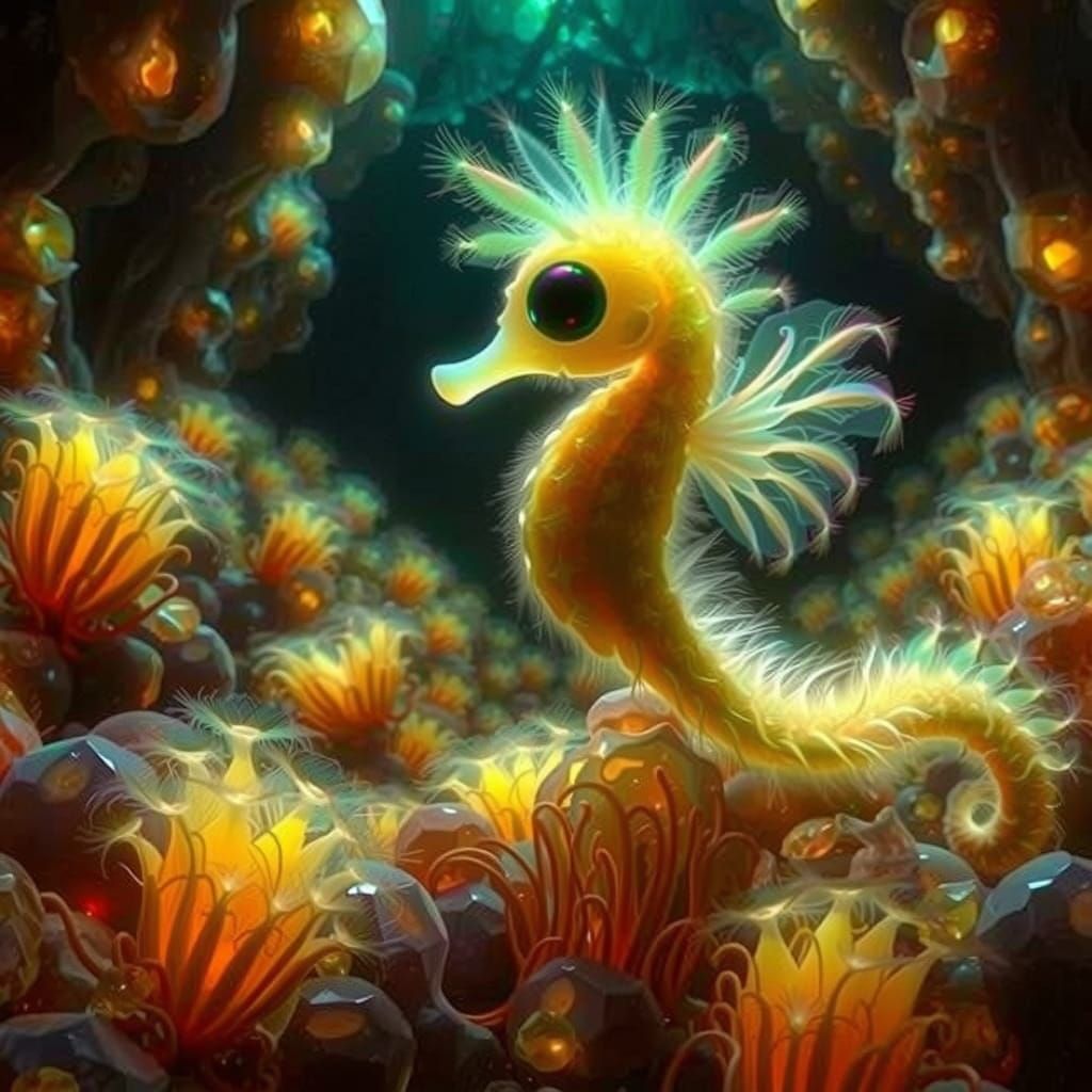 Iridescent Seahorse with Wings in Alien Cave
