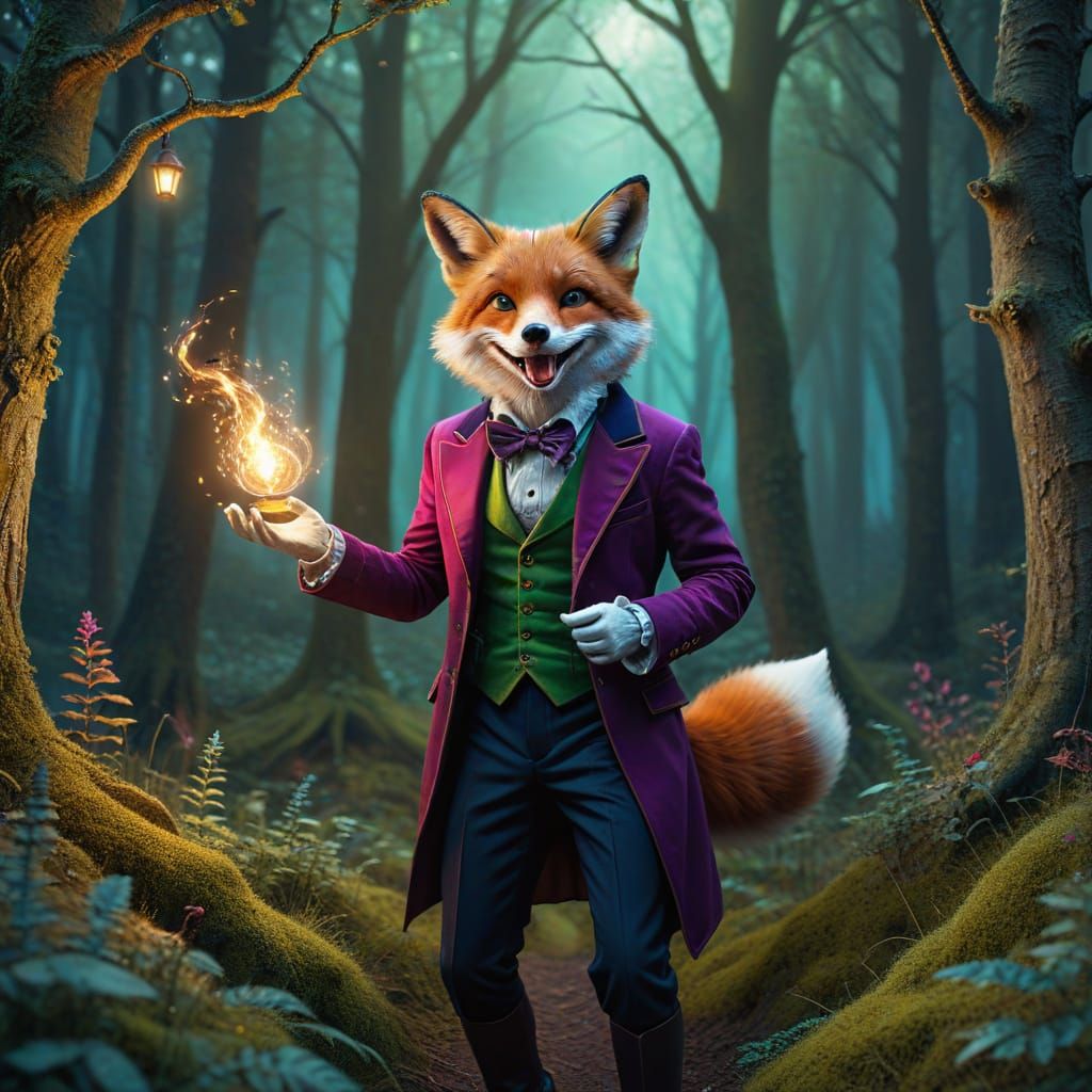 Whimsical Fox Trickster Performing Magic in Enchanted Forest