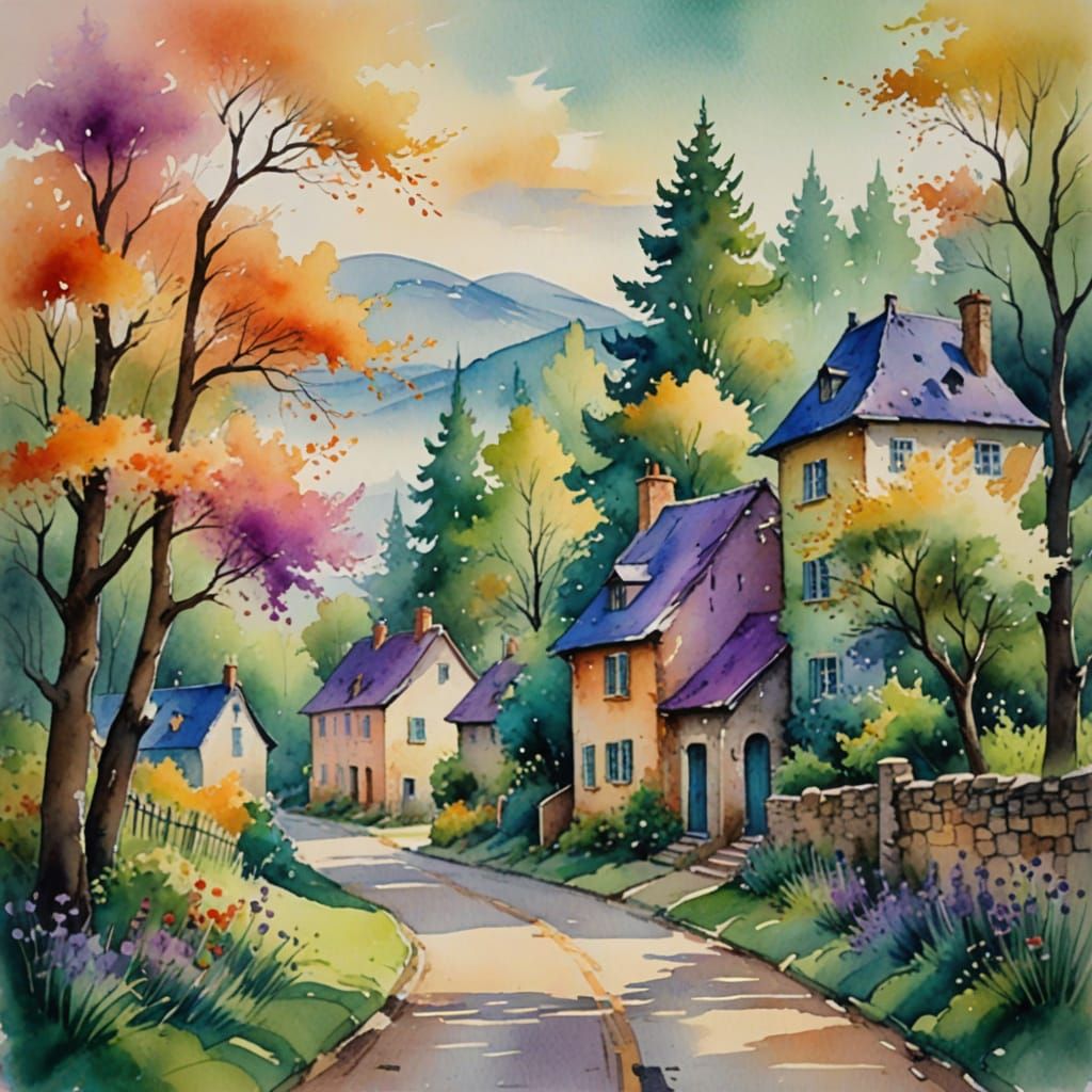 Whimsical Village Road in Dreamlike Watercolor
