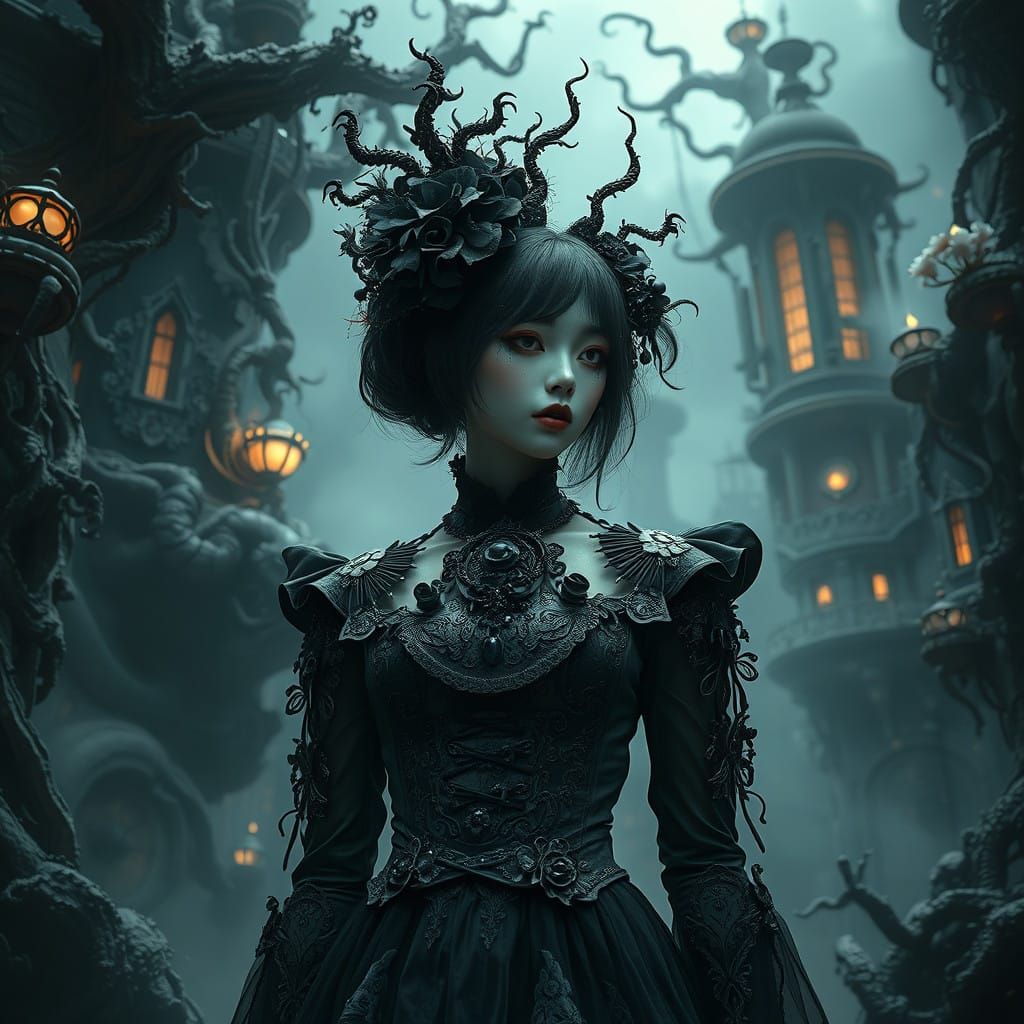 Dark Gothic Fantasy Realm in Victorian-Inspired Japanese Att...