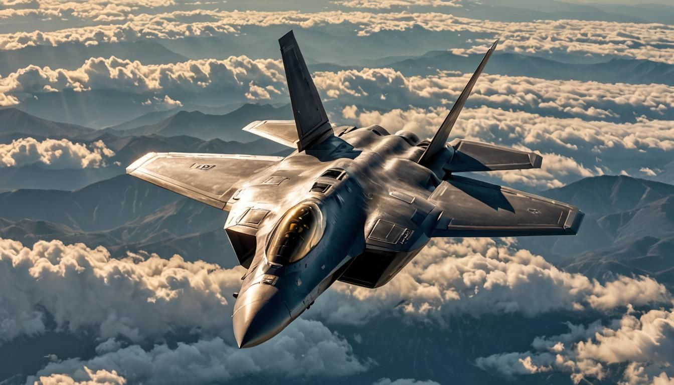 F-22 Raptor Soaring Through Clouds in Golden Light