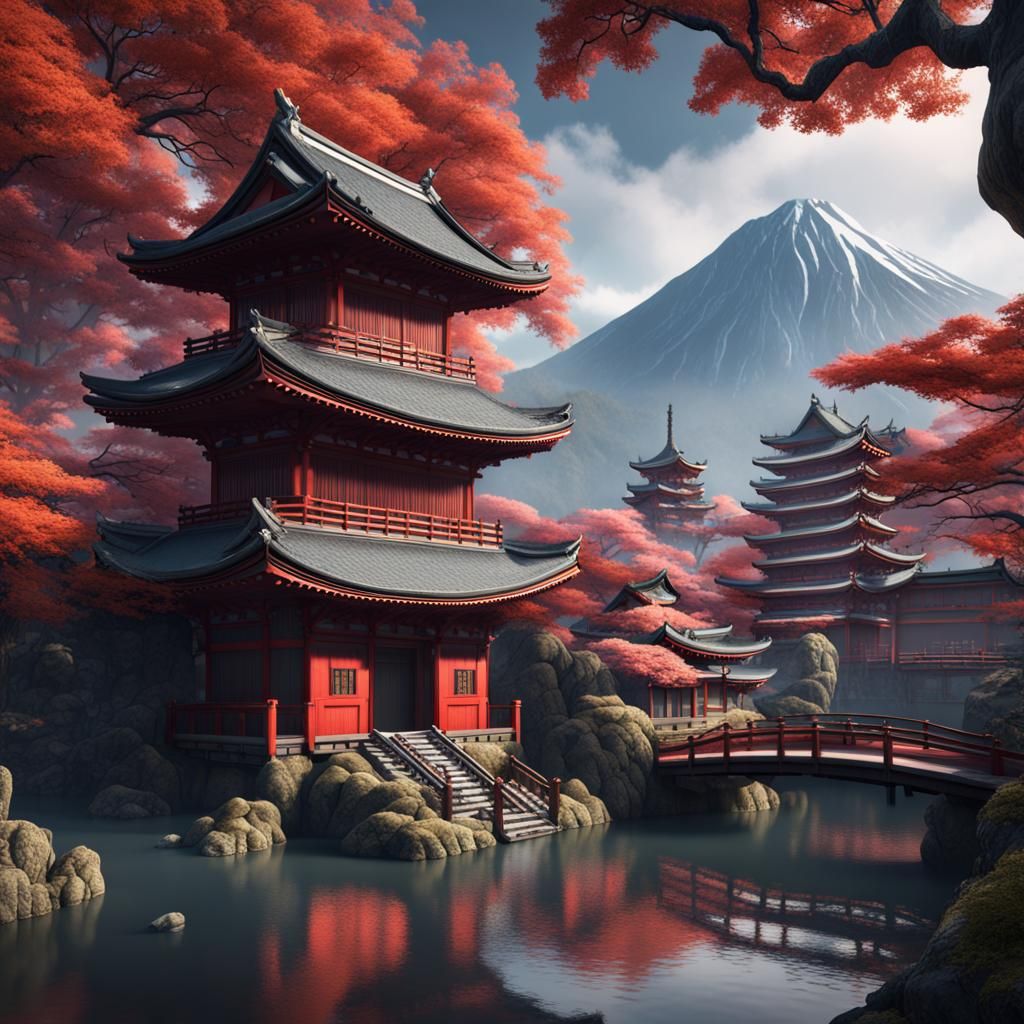 Detailed Matte Painting of Japan in Deep Color
