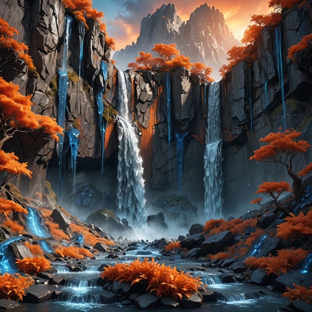 Silver Waterfall Over Onyx Cliffs: Fantasy Art