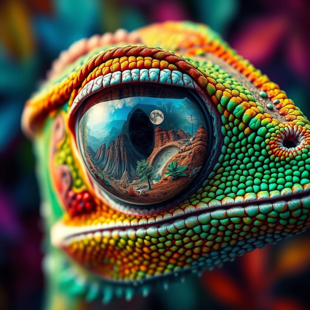 Chameleon Eye Reflecting Miniature Worlds in Splash Art
