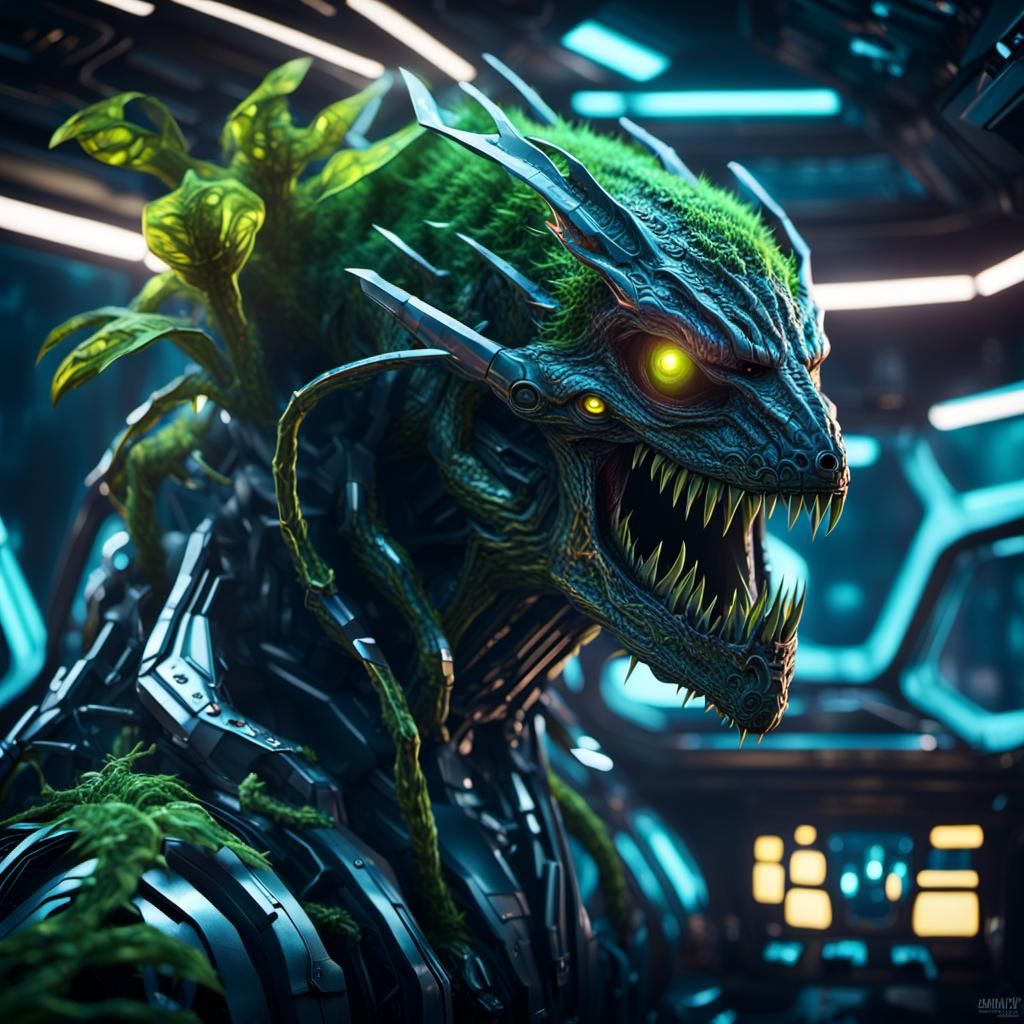 Plant Monster Commands Neon Spaceship: Sci-Fi Concept Art