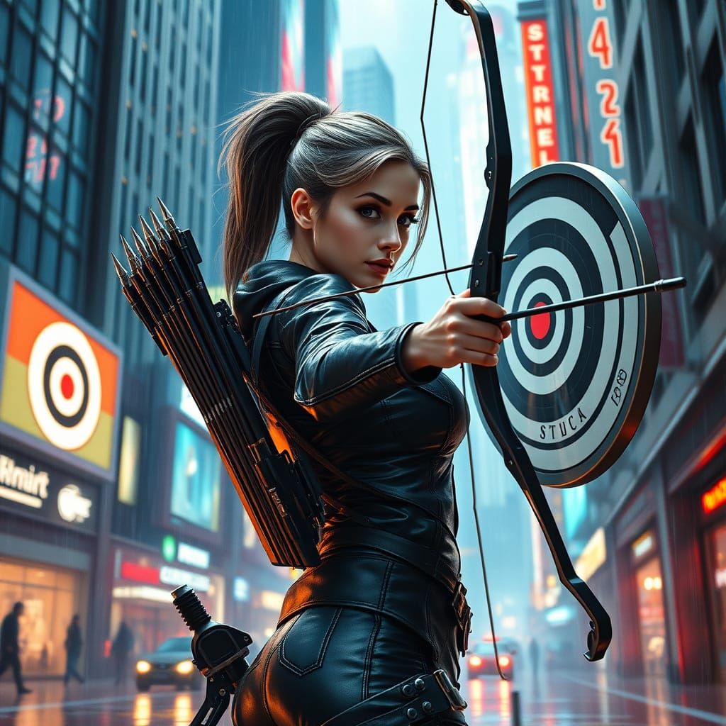 Goddess Artemis in Futuristic Cityscape